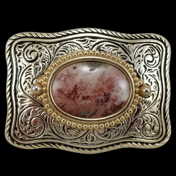 Western Southwestern Oval Stone Belt Buckle Ornate Silver Gold Tone Made In USA - Picture 1 of 9